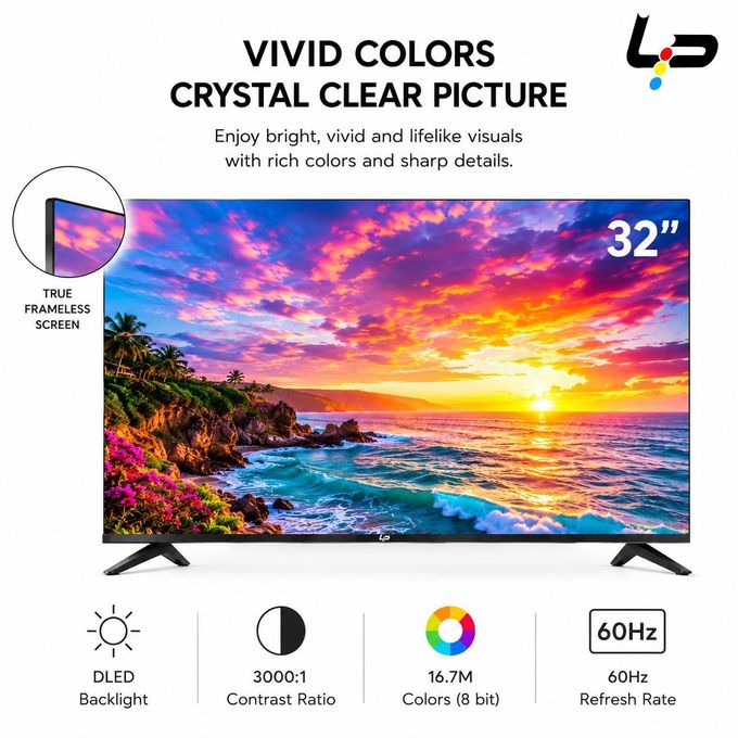 LP Smart TV 32 , Android 14.0 , 1+8G, Frameless , HD, WiFi, 2 HDMI 2 USB Ports + 1 year warranty - Black - Image 6